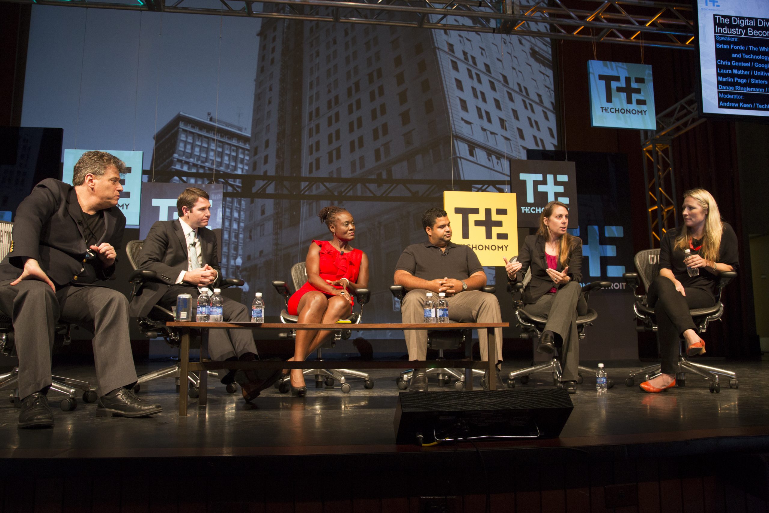Author Mather, who speaks at TE15, was on this panel on tech industry diversity at TE Detroit 2014 . From left, author Andrew Keen, Brian Forde (now MIT Media Lab, then at the White House Office of Science and Technology Policy), SisterCode's Marlin Page, Google's Chris Genteel, Mather Unitive, and Indiegogo's Danae Ringelmann