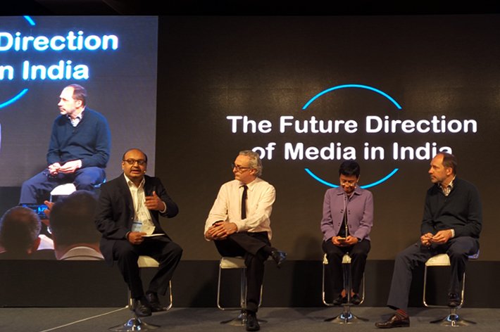 From left: Indrajit Gupta, David Kirkpatrick, Maria Ressa, Marcus Brauchli. Photo by Josh Kampel.
