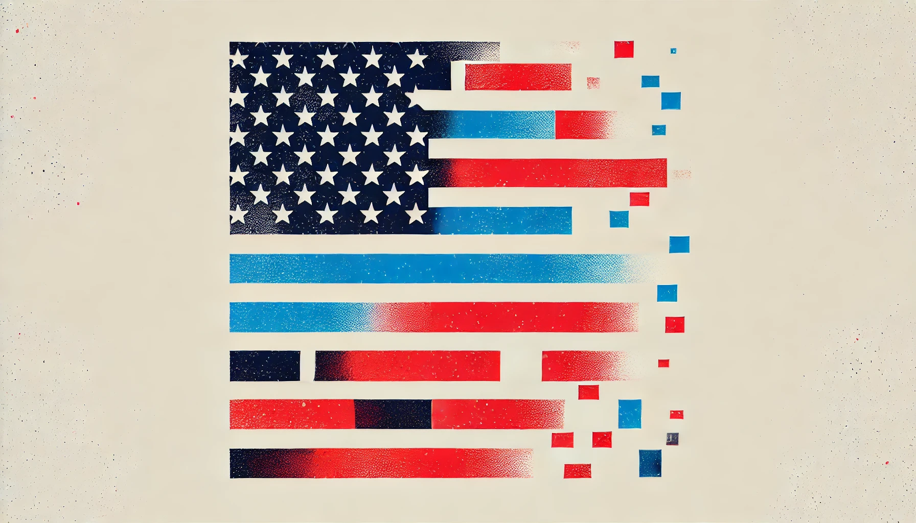DALL·E A minimalist, abstract digital illustration representing a fragmented American flag The background is white or off white Bold, vibrant shades of red