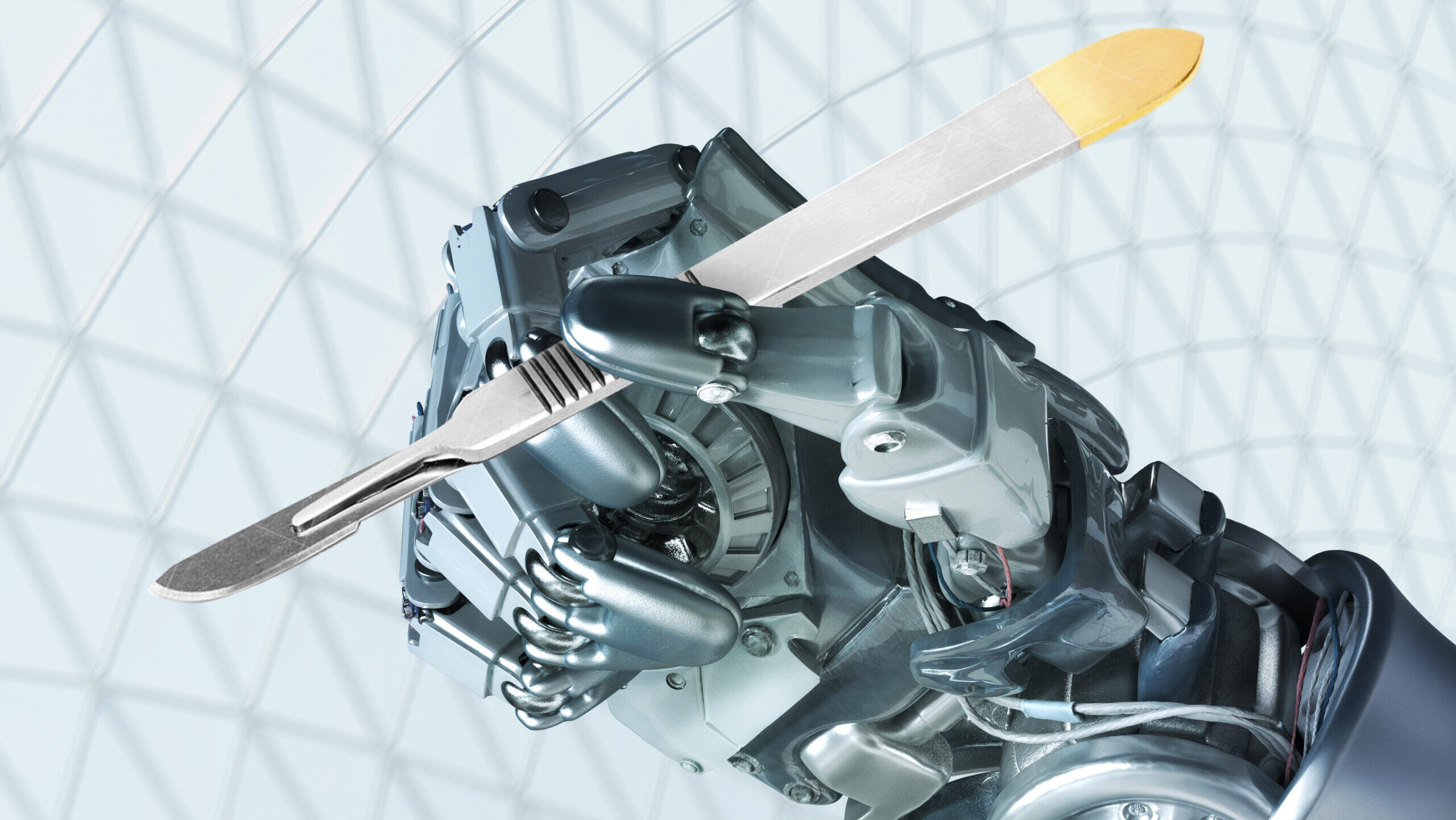 Robot hand holding a surgeon's scalpel