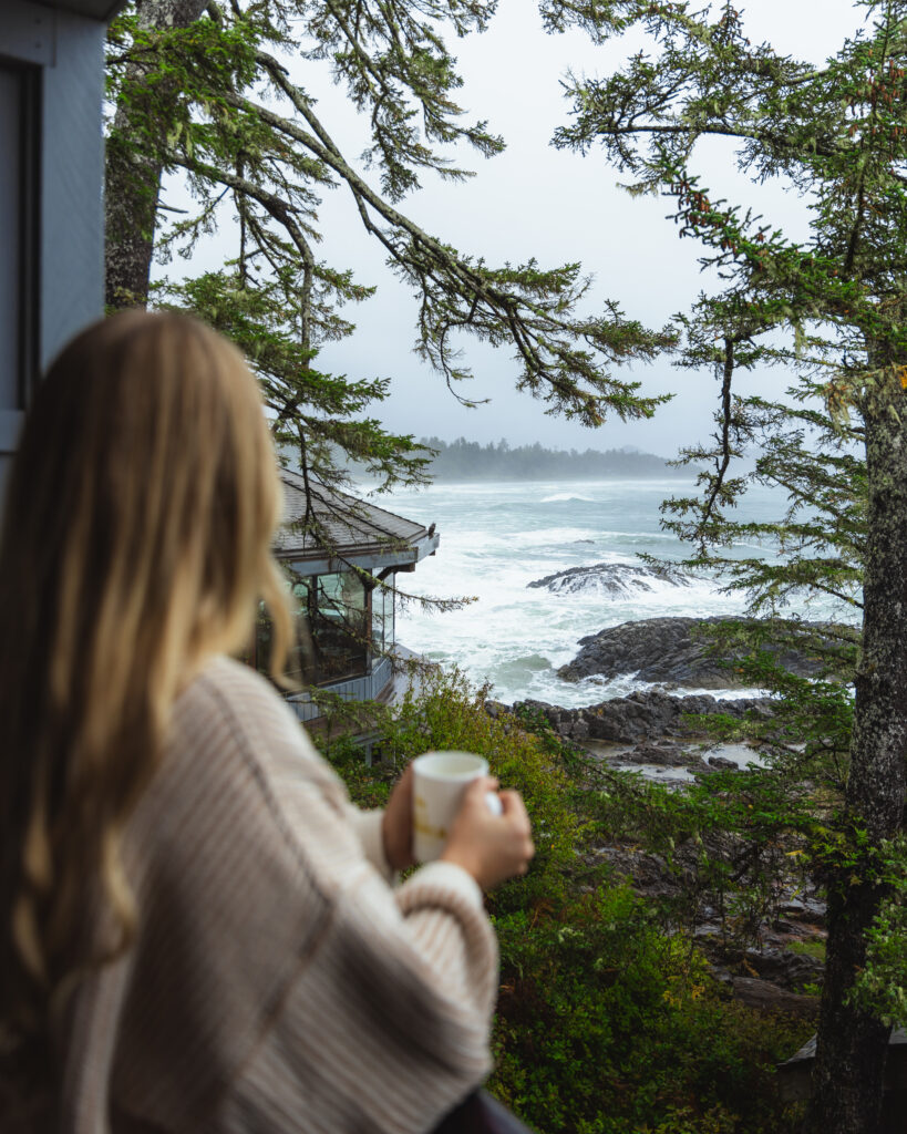 Winter Storm Watching Wickaninnish Inn Views from Guestroom Balcony Guest with Tea By Braden Stanley October